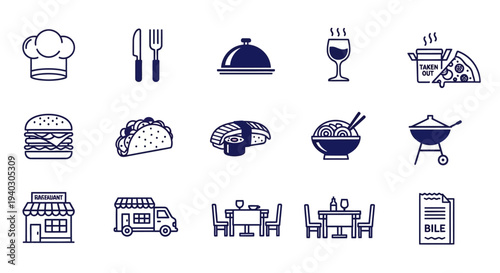 Outline icons collection for restaurant and food service, including chef hat, burgers, sushi, restaurant building, and dining tables, on an isolated white background