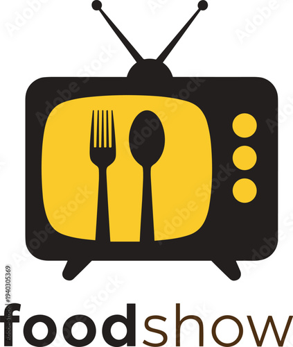 Food show logo with vintage television fork and spoon icon minimal flat vector illustration for cooking channel and culinary media branding