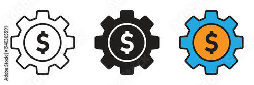 Gear icon with a dollar sign symbol, representing financial machinery, business operations, economic development, and industrial money-making concepts.