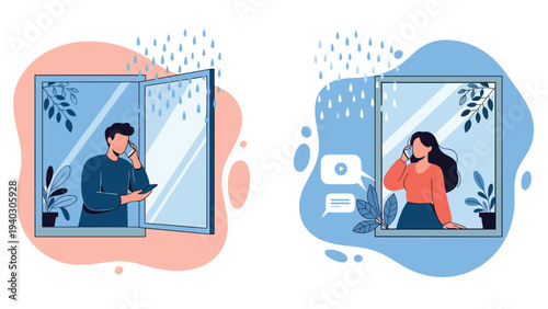 Couple staying connected through phone calls while looking out of rainy windows in separate rooms during stormy weather.