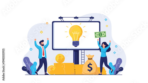 Excited business partners celebrating successful creative idea shown by bright lightbulb on billboard and bags of money.