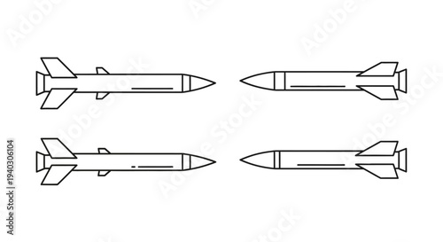 Set of four line art missile rocket icons in various designs on an isolated white background.