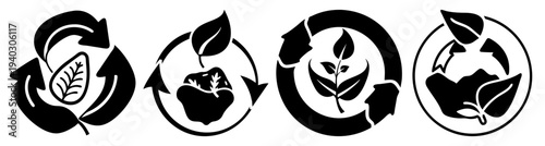 Four circular recycling arrows with leaf eco icons rotating process isolated on transparent background