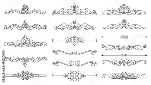 Collection of elegant vintage calligraphic dividers and ornamental flourishes for decorative page borders and design.