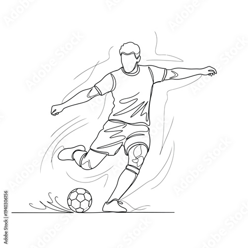 Soccer player kicking ball in motion on white background