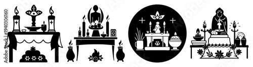 Set of vintage gothic fireplace mantels with decorative skulls and candles isolated on transparent background