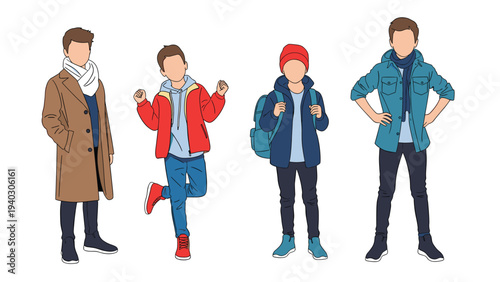 Group of four young boys dressed in fashionable autumn and winter outfits including coats, jackets, and stylish accessories.