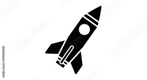 Angled view of a sleek solid black rocket icon with a porthole, isolated white background.