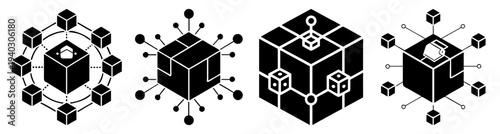 3D geometric cubes and spheres with binary code and network nodes isolated on transparent background