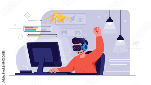 Excited gamer wearing a virtual reality headset and headphones celebrates a victory while sitting at a computer desk.