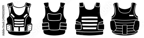 Set of tactical bulletproof vests with pouches and straps isolated on transparent background
