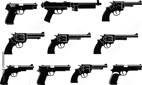 Handgun revolver and pistol silhouettes vector set, firearm weapon collection isolated black gun icons