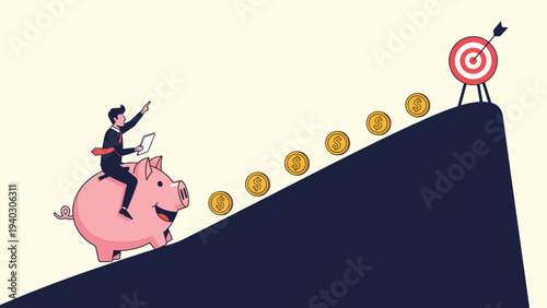 Ambitious businessman riding a large pink piggy bank up a steep hill towards a bullseye target representing financial goals.