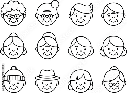 Senior people avatar icon collection minimal flat vector illustration for elderly faces character set retirement age and healthcare concept
