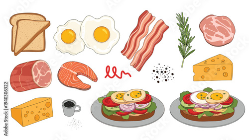 Varied selection of breakfast food items featuring fried eggs, bacon, ham, cheese, and healthy sandwiches on plates.