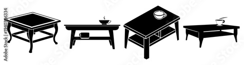 Set of four wooden furniture tables with glass and metal details isolated on transparent background