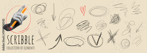 Messy Pen Scratch scribble elements collection with hand holding pencil on beige background