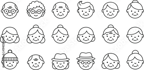 Elderly people avatar icon set minimal flat vector illustration for senior faces character collection retirement age and healthcare concept