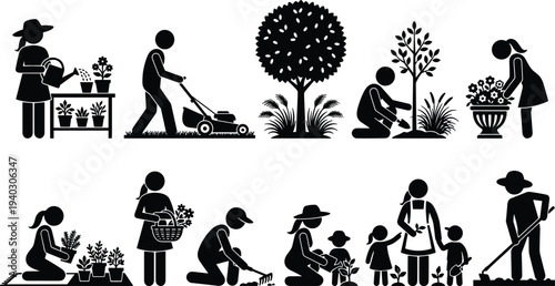 Gardening people silhouettes vector set, planting watering mowing garden care outdoor hobby illustration collection