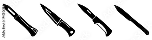 Set of three sharp kitchen knives with black handles and stainless steel blades isolated on transparent background