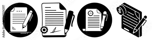 Set of office and business icons with documents, clock, and filmstrip isolated on transparent background