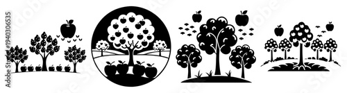 Set of growing cartoon trees with roots isolated on transparent background png vector illustration