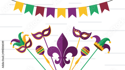 Festive Mardi Gras celebration icons including carnival masks, maracas, a fleur-de-lis symbol, and colorful bunting flags.