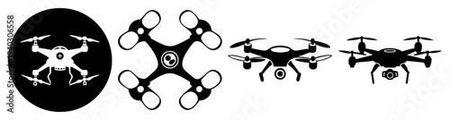 Fleet of four black drones flying in formation isolated on transparent background