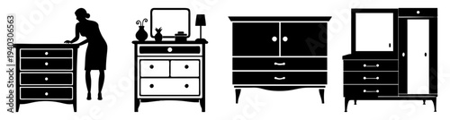 Set of modern black wooden furniture dressers and cabinets with drawers and doors isolated on transparent background