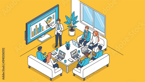 Isometric view of a business team attending a data presentation in a modern meeting room with graphs on a large screen.