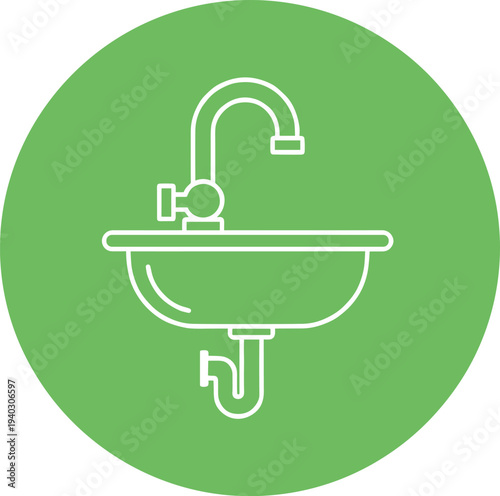Kitchen sink with faucet icon inside circle minimal flat vector illustration for home plumbing water supply and kitchen interior design