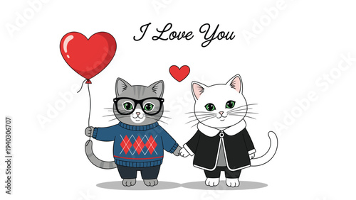 Two adorable cartoon cats, one grey and one white, holding paws and a red heart balloon with a romantic message.