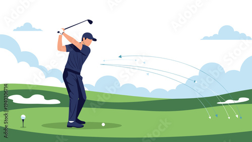 Professional male golfer swinging his club on a green course with curved lines showing the trajectory of the golf ball.