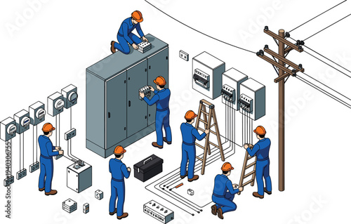Isometric electricians installing electrical panels and power lines, professional electrical maintenance and wiring service vector illustration