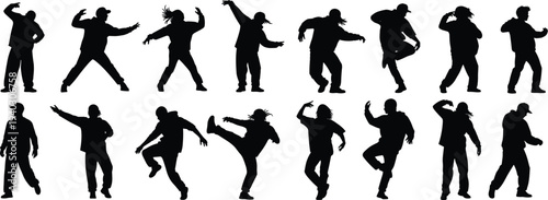 Set of Dynamic Hip Hop Dancer Silhouettes Performing Various Street Dance Moves, Energetic Breakdance Poses Isolated on White Background for Urban Lifestyle and Modern Graphic Design
