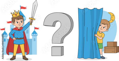 Kids imagination concept with prince costume castle question mark and child hiding behind curtain illustration