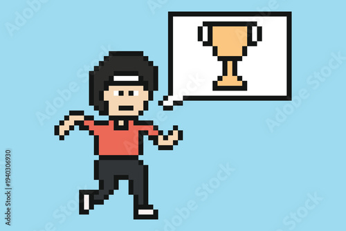 Cartoon man marathon runner win finish run exercise race with 8 bit,jogging,walk,success.