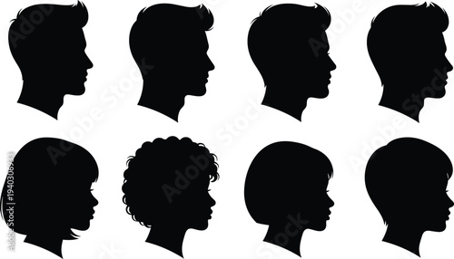 Male and female head profile silhouettes vector set, human face side view collection