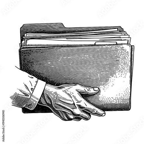 Hand holding manila file folder full of documents vintage sketch