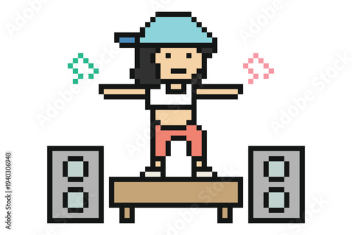 Cartoon woman dance aerobic exercise music 8 bit with gym,dancer,home workout.