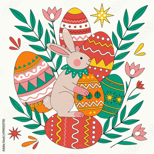 “Happy Easter Spring Background with Cute Bunny and Colorful Eggs Vector Illustration”
