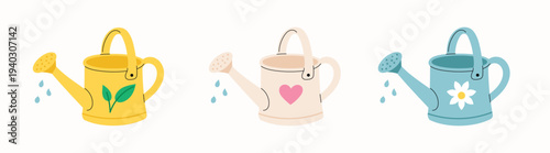 Watering can set with cute garden tools and water drops. Spring gardening concept with decorative watering cans. Flat vector illustration isolated on white background.