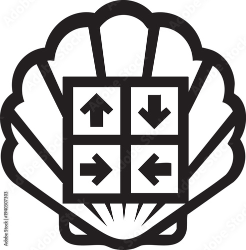 Directional Symbol in Seashell: An artistic representation of a seashell, with a central panel featuring directional arrows indicating various movements, symbolizing guidance and navigation.