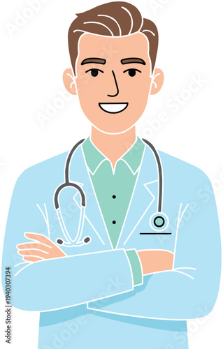 Friendly professional male doctor character portrait with crossed arms wearing a stethoscope and light blue medical lab coat