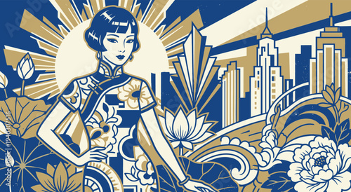 Art Deco in the City: A stylish lady, exuding elegance in an art deco composition, amidst iconic skyscrapers and floral elements, embodying the essence of a bygone era.