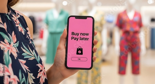 Hand holding phone shopping app buy now pay later finance