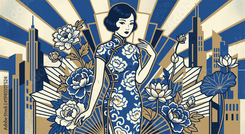Elegant Lady in Artistic Floral Pattern: A gracefully lady in an art deco style cheongsam dress, surrounded by intricate floral designs.
