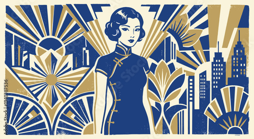 Art Deco Elegance: An Asian woman with bobbed hair, adorned in a classic qipao, stands as the central figure against an intricate backdrop of geometric shapes, radiating timeless glamour.