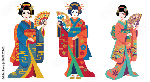 Geisha Trio: Graceful geishas in vibrant kimonos hold elegant fans, representing traditional Japanese culture.