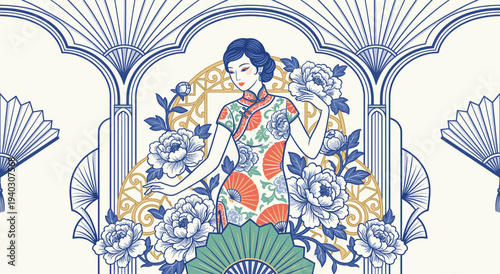 Elegant Oriental Illustration: A beautifully drawn illustration showcasing a lady in traditional attire amid ornate floral and fan motifs, celebrating the rich cultural heritage and timeless style.